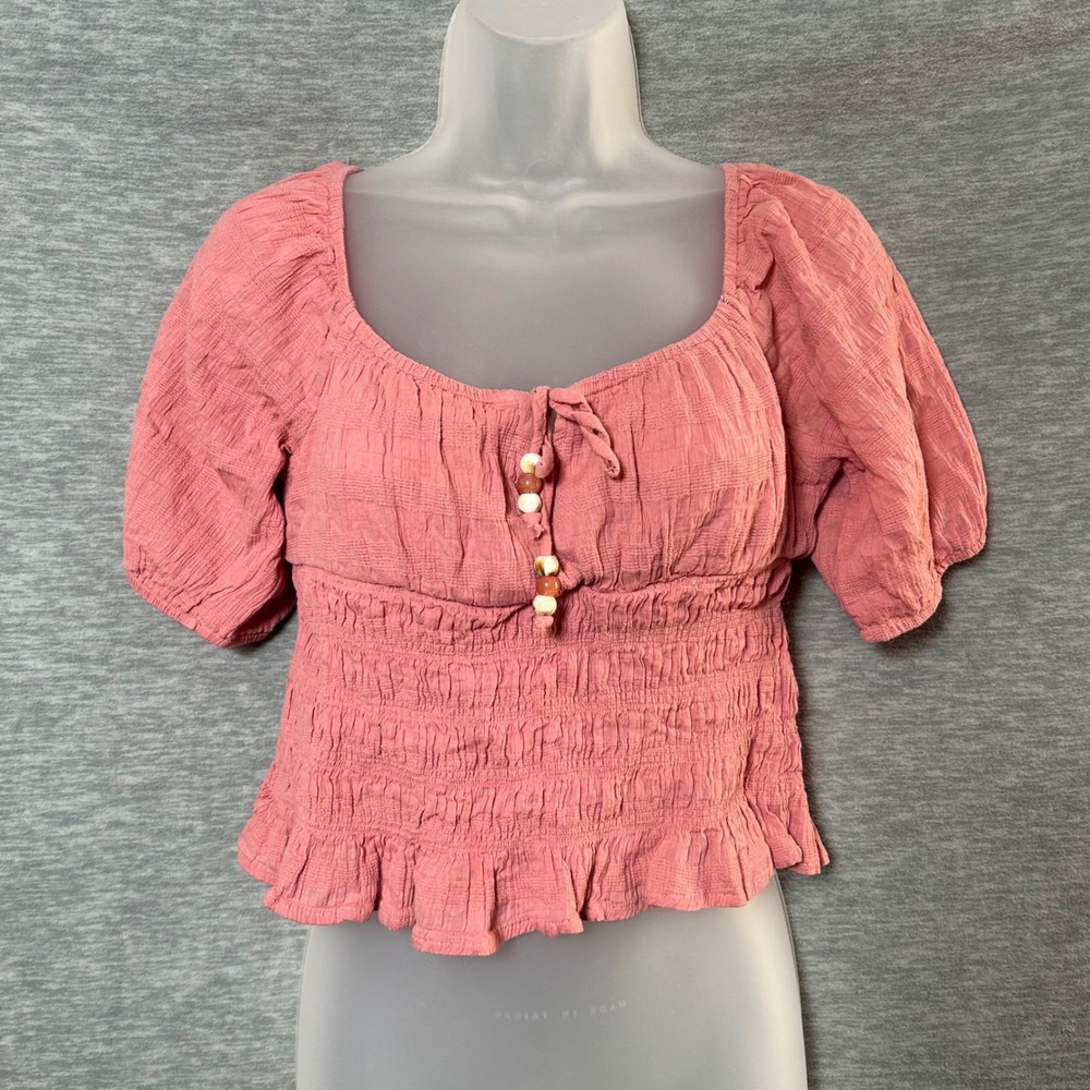 Almost Famous‎ Crop Top Women Large Pink Milkmaid Cottagecore Ruffle Square Neck